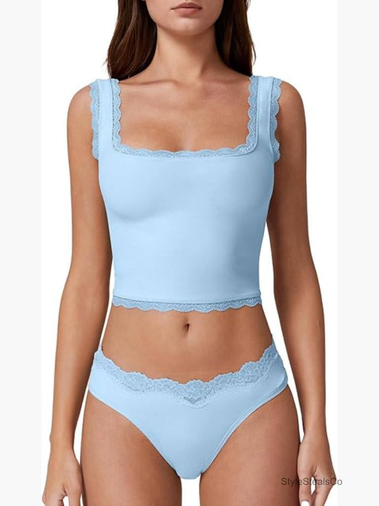 Square Neck Lace Trim Tank Top - Double Lined Slim Fit Y2k Summer Top